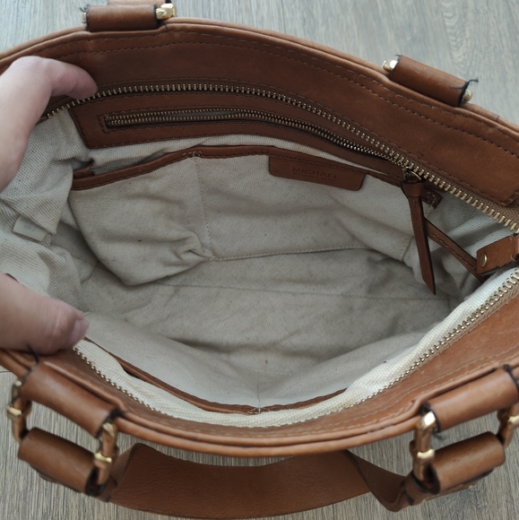 Michael Kors Tan Brown Square Laser Cut Perforated Leather Tote Bag - Picture 14 of 15